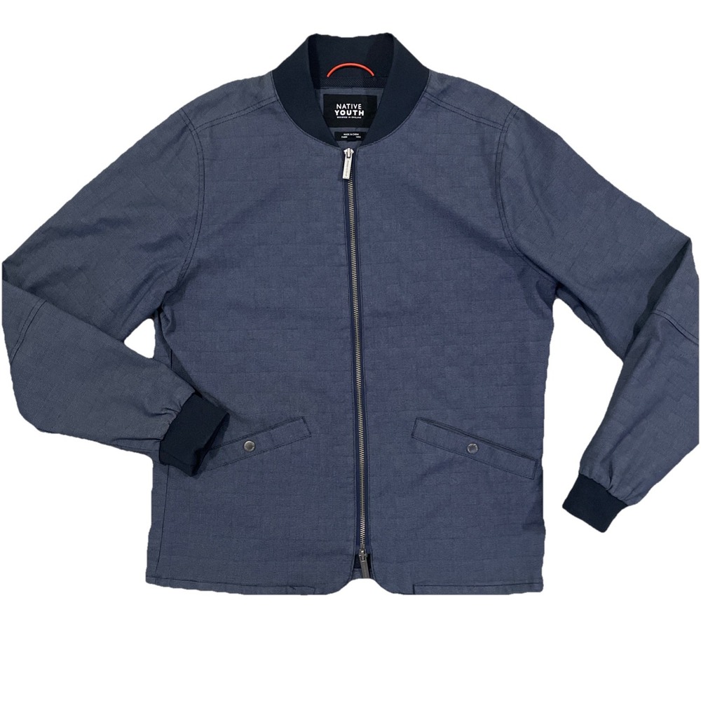 Native Youth Revolve Mens Large Bomber Jacket Coat Blue Full Zipper Pockets‎